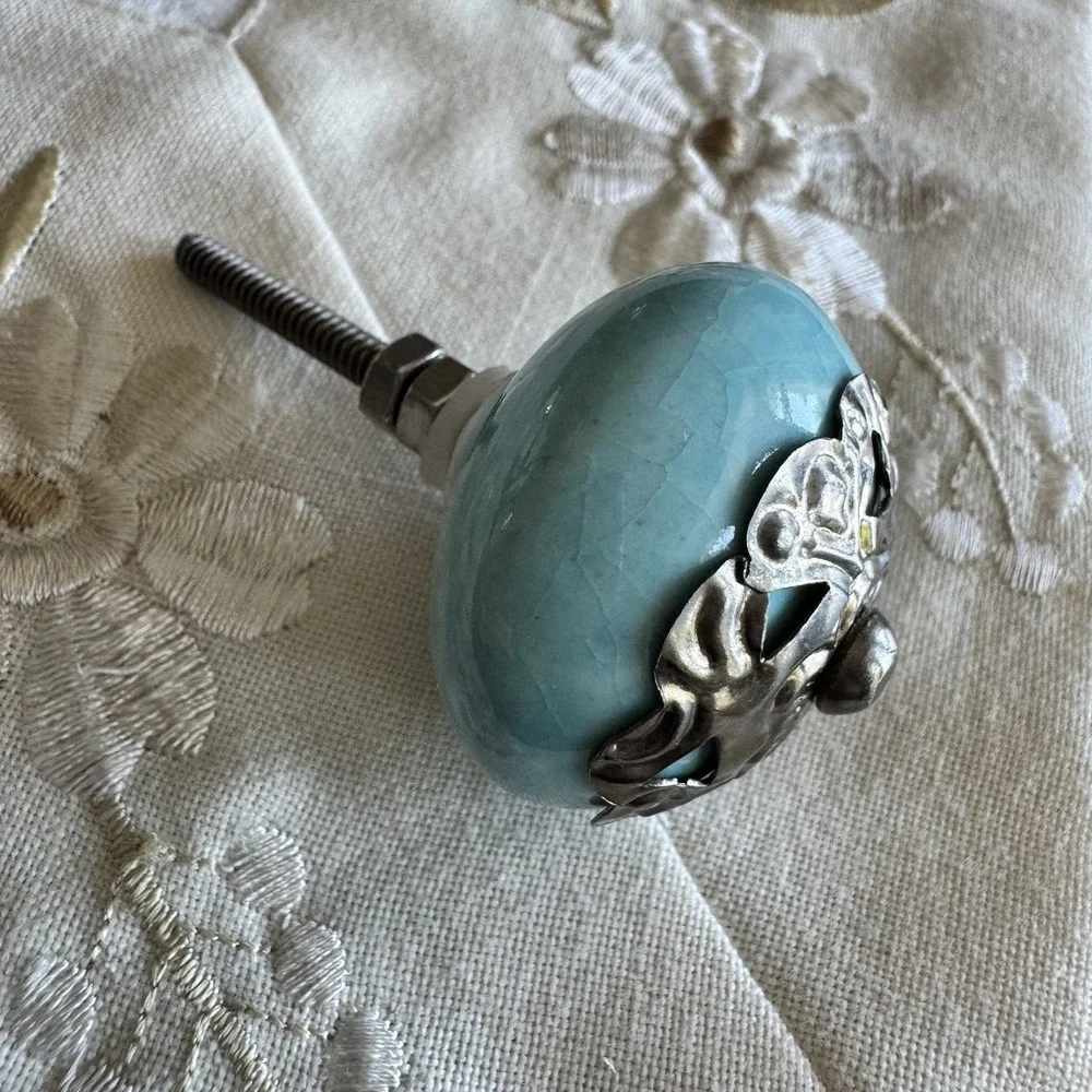 World Market Drawer Round Knob Blue Dresser Pull Cabinet Handle Ceramic Heavy